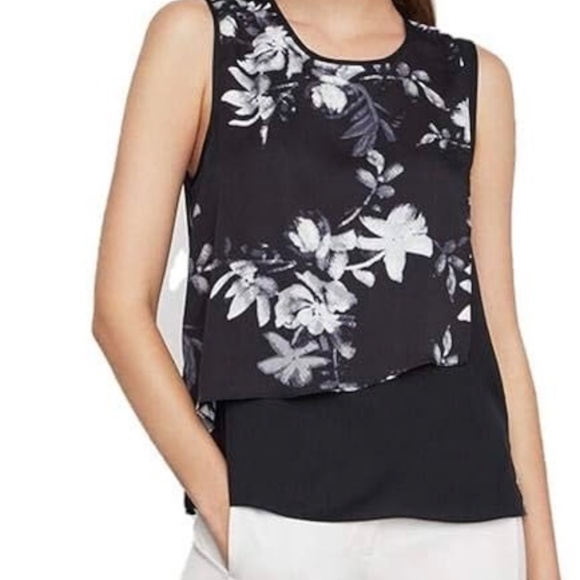 BCBG MaxAzria Sleeveless Floral Blouse Asymmetrical, Black & White, XS - Picture 15 of 16
